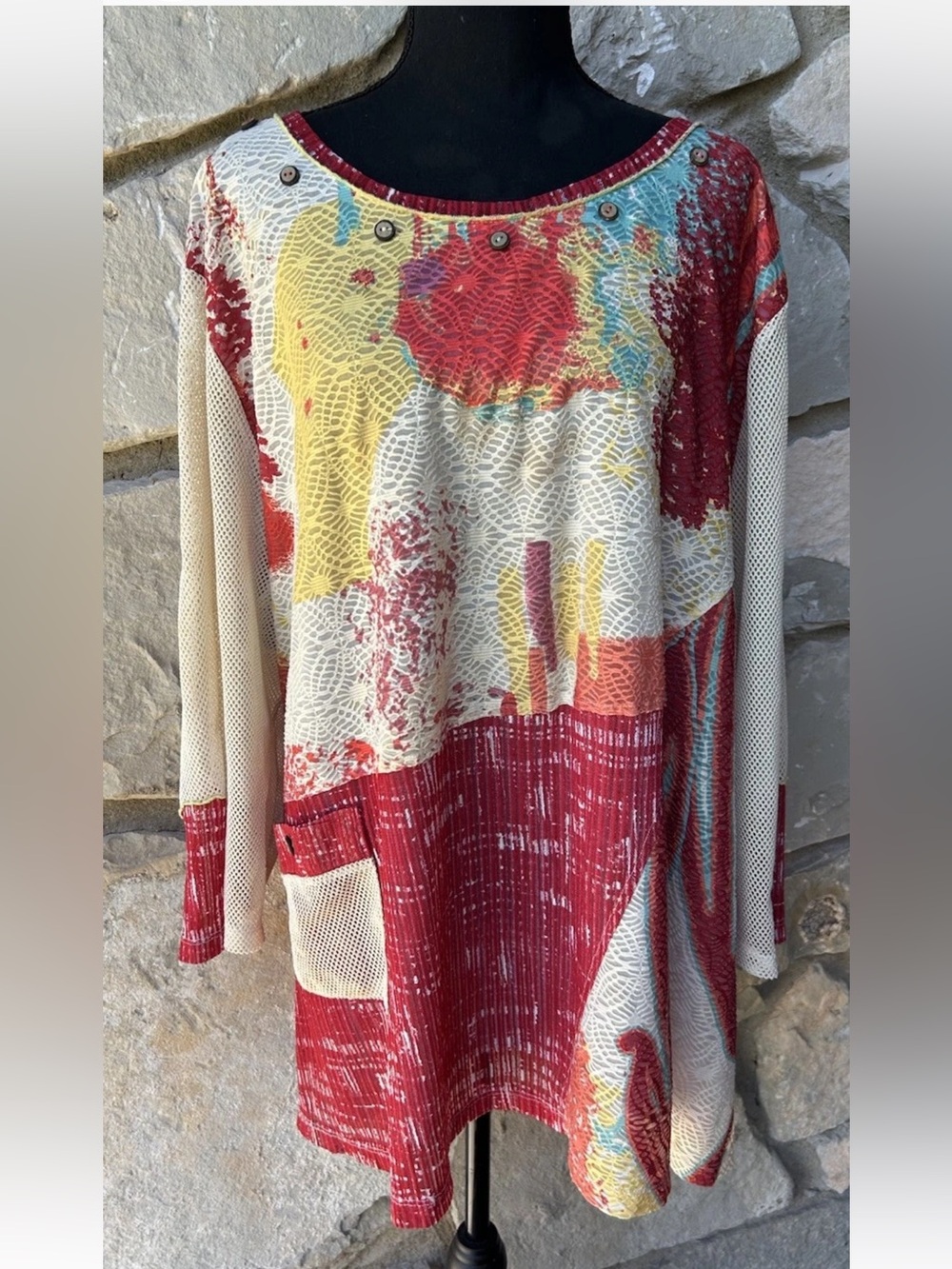 Multiples Tunic Top Size 3X Multicolor Abstract Stretch Mesh Overlay Excellent